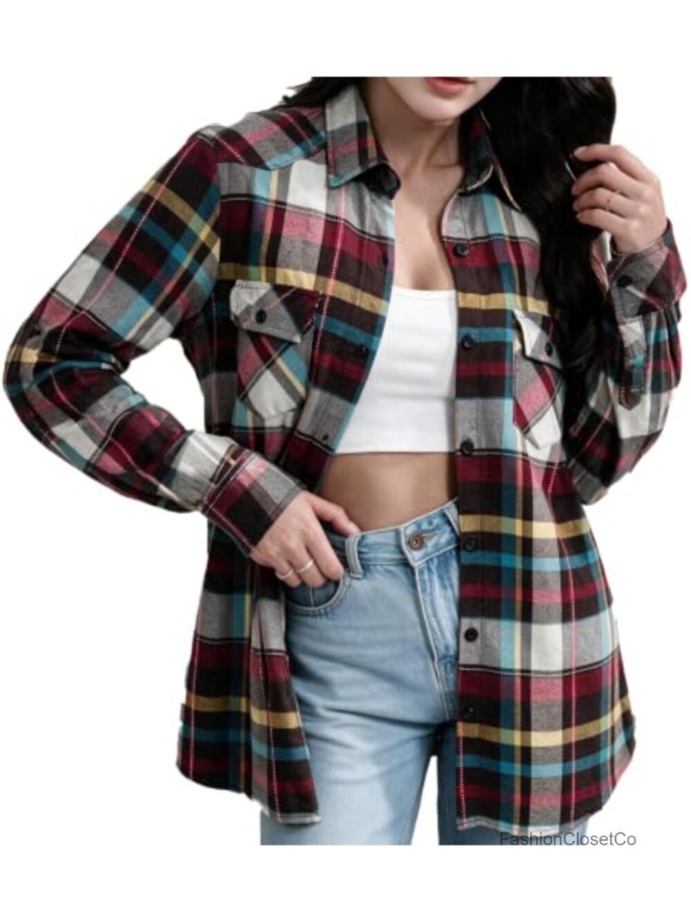Women's Plaid Flannel Shirt Long Sleeve Button Down Blouse